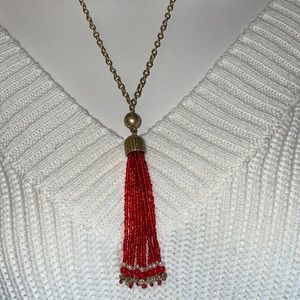 Red Beaded Tassle Strand Necklace